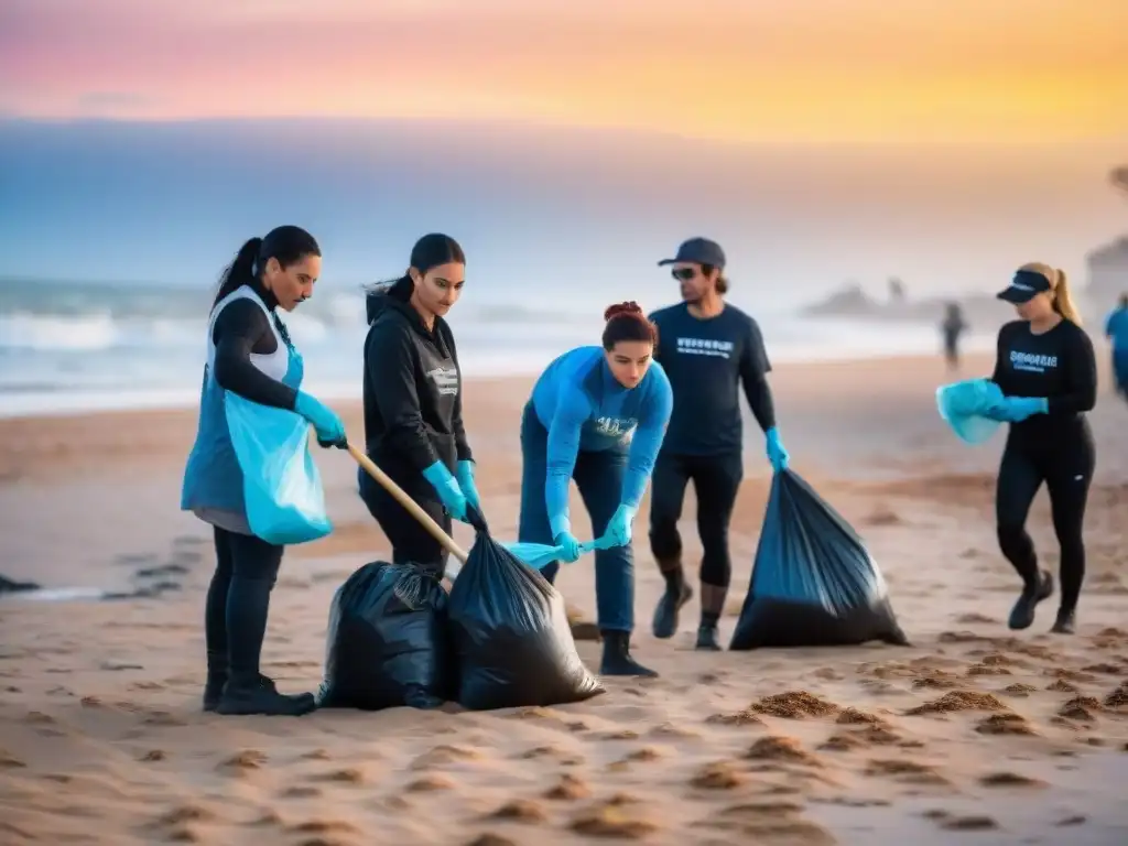 Voluntarios limpiando una playa en Uruguay al atardecer